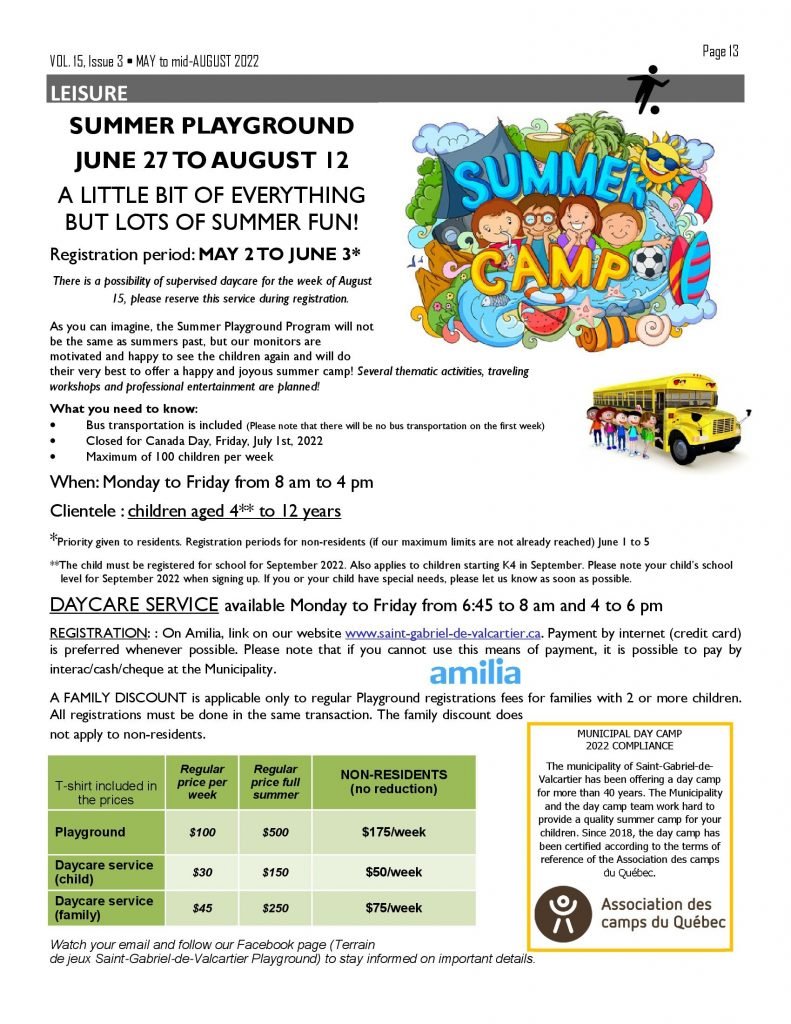 Summer Playground Program Municipality of SaintGabrieldeValcartier