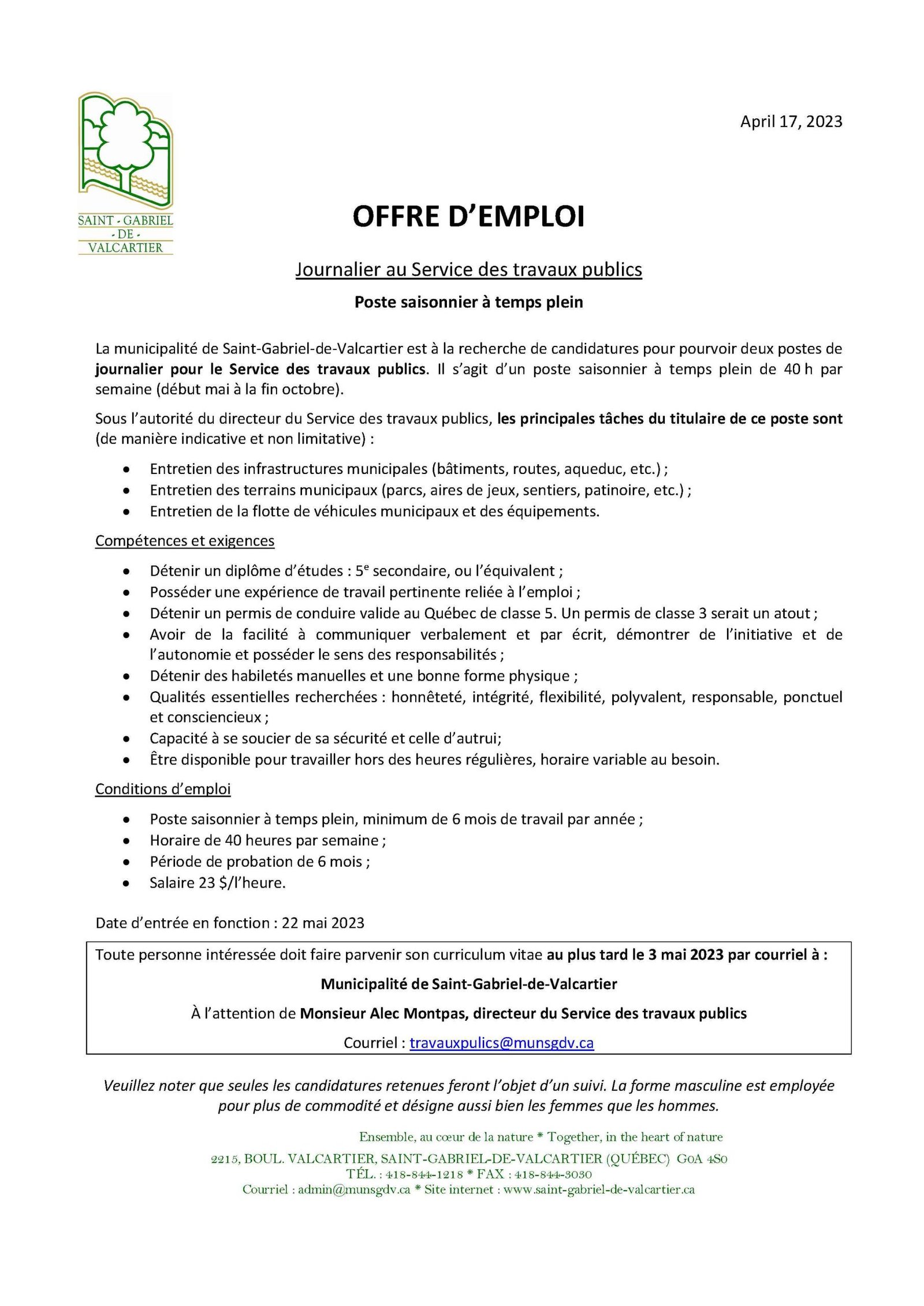 Offre Demploi Travaux Publics Journalier Avril Municipality Of Saint Gabriel De Valcartier